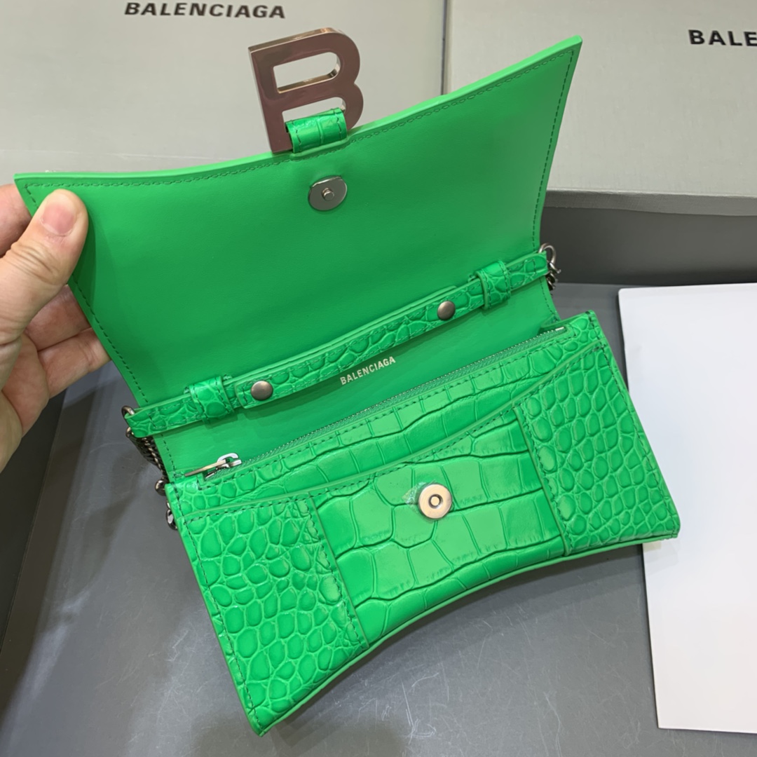 Balenciaga Small Hourglass Wallet With Chain Crocodile Embossed Shoulder Bag Green